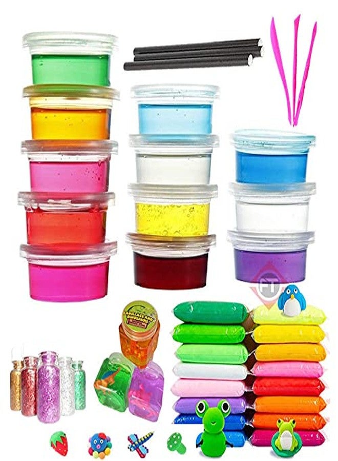 Firstly Traders New Creative Slime Kit with 12 Crystal Slime+ 12 Air Dry Clay+ 3 Toy Slime with Free Straws, Tools, Glitter for Kids Boys and Girls Age 3+ Years Slime Putty Toys - Image 1